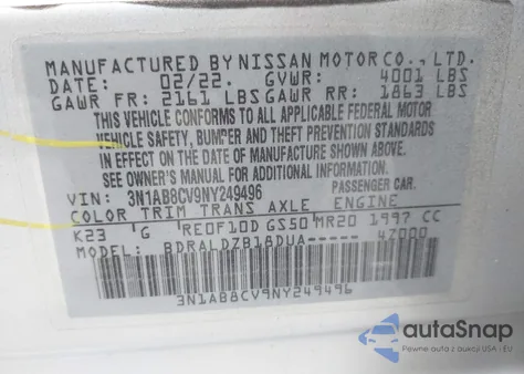 2022 Nissan Sentra Sv Xtronic Cvt z USA, uszkodzony, nr VIN 3N1AB8CV9NY249496